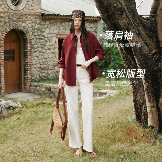 Olrain Ou Ruier spring women's new retro lapel casual long-sleeved shirt loose corduroy top red XL