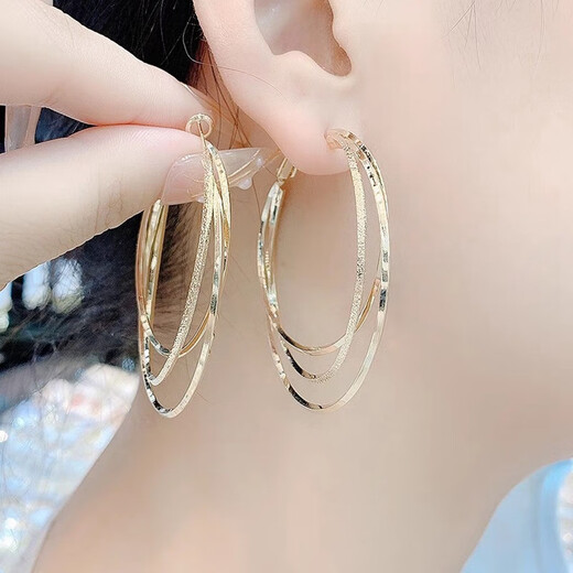 Timo live broadcast new trendy multi-layered large earrings 925 silver needle large hoop earrings Internet celebrity temperament goddess style exaggerated earrings Sansheng Sanshi large hoop earrings silver A21-208