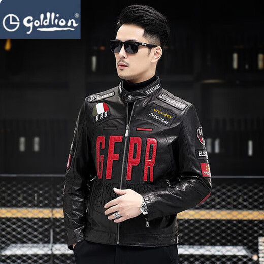 金利来（Goldlion）海宁皮夹克男士短立领修身摩托车套装山羊皮夹克绣花青年帅气夹克 现货黑色 L _170建议130-140斤