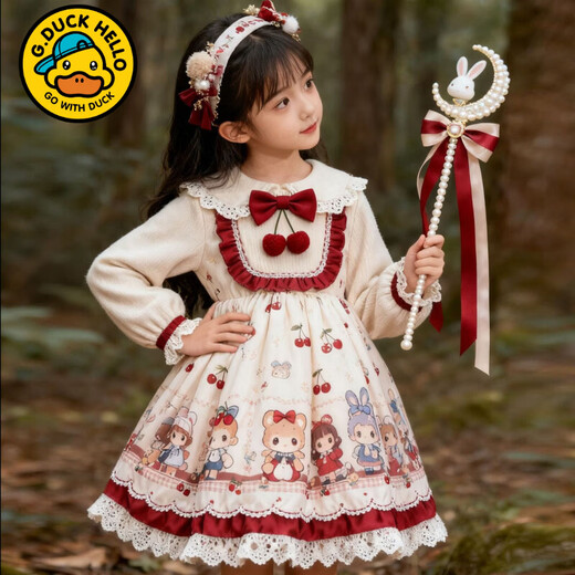 G.duck original girls winter Lolita dress new style 2025 temperament cherry baby skirt children's cartoon lace off-white cherry D99 plus velvet 130 cm
