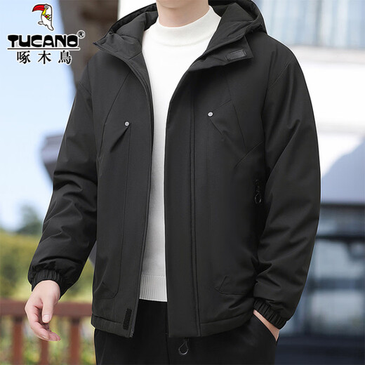 Woodpecker cold-resistant cotton coat men's winter fashion versatile plus velvet thickened bread coat hooded cotton jacket large size warm cotton coat 87022 black L