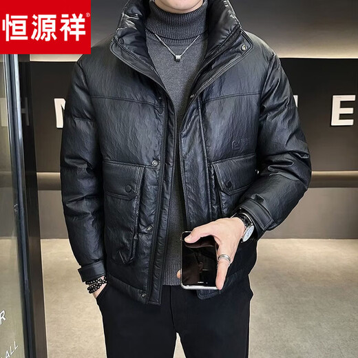 Hengyuanxiang down jacket men's winter 2026 new hooded short style high-end thickened warm jacket military green L 115-130Jin Jin equals 0.5 kg