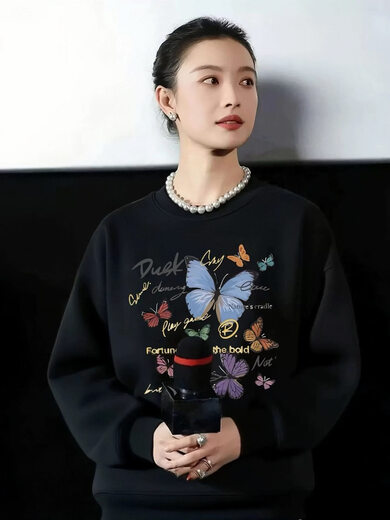 Xiaohongshu popular model Ni Ni star same style black round neck sweatshirt for women 2025 autumn and winter new loose trendy brand niche black thin sweatshirt S one size