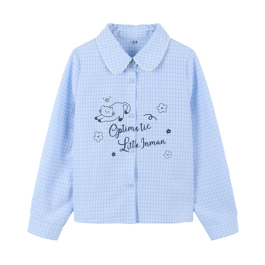 Xiaoyinman children's clothing girls' shirt cartoon print 26 spring fashionable lapel casual top for middle and older children and girls blue grid 120