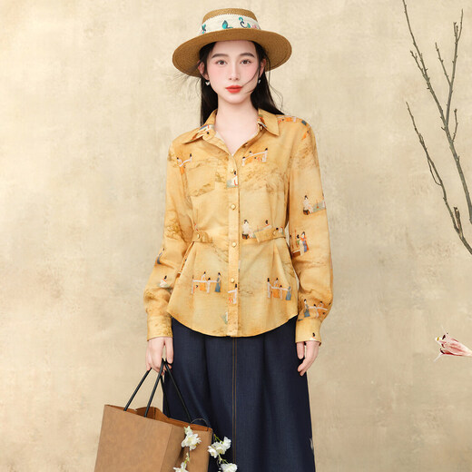 Su Luo's original <Pounding Practice Picture Yunli Imperial City 2> Spring new style national trend printed casual loose shirt 篾黄 S