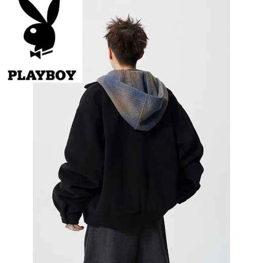 Playboy (PLAYBOY) American deconstructed splicing hooded woolen cotton jacket for men in winter trendy brand loose design thickened warm cotton jacket heather gray M