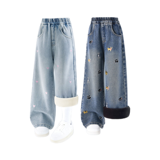 BOBDOG girls' velvet thickened pants new style girls casual jeans all-in-one velvet autumn and winter wear denim light blue 140