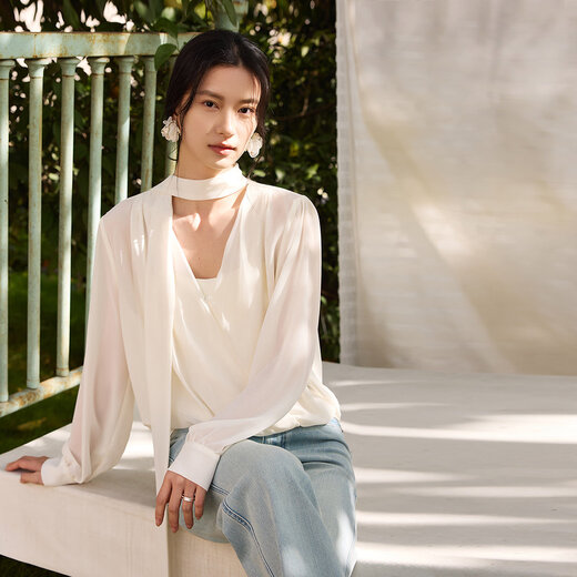 THE SEA LIFE 2026 spring new shirt women's bow ribbon V-neck top 230062 cloud white S