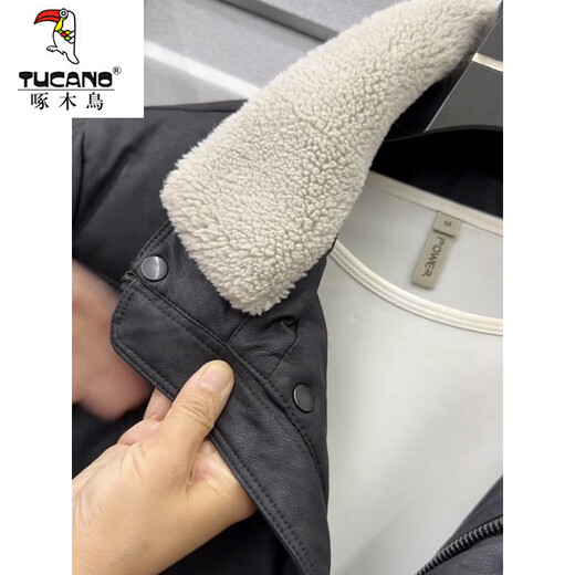 Woodpecker (TUCANO) 2025 winter new leather down jacket men's trendy style detachable fur collar cold-proof jacket thickened winter jacket black M
