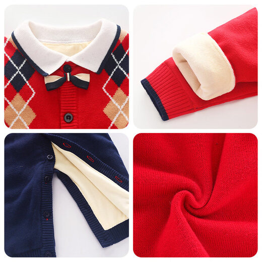 BORBOON B baby winter jumpsuit red festive one-year-old New Year's greetings suit for baby boy plus velvet thickened autumn and winter romper plus velvet 7223 hayi 66cm