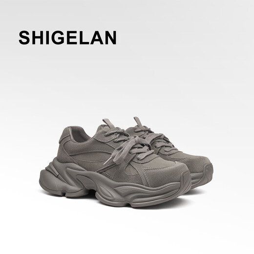 Poetry 2026 Spring New Thick-soled Heightening Daddy Shoes Women's Shoes Trendy Shoes Versatile Double Lace Casual Sports Shoes Gray 34