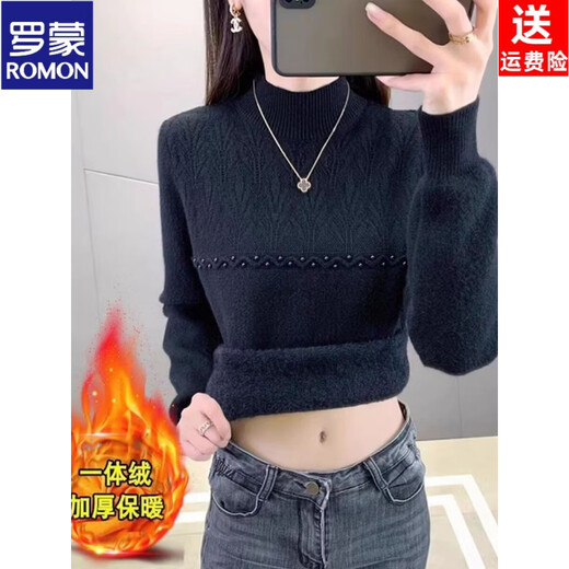 ROMON brand women's all-in-one velvet thickened bottoming sweater for women 26 autumn and winter new half turtleneck women's thermal top black high quality quality assurance M recommended weight 106Jin Jin equals 0.5kg -120Jin Jin equals 0.5kg