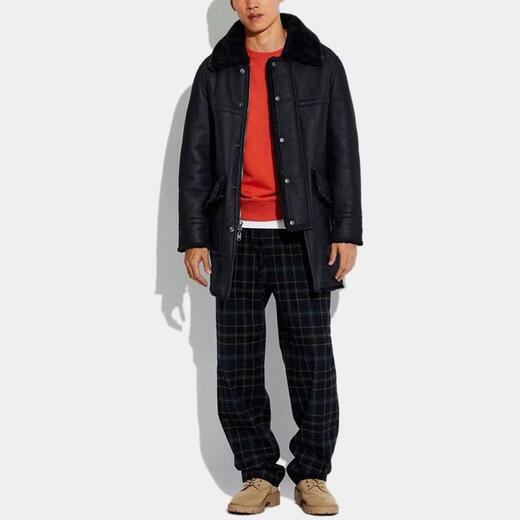 COACH solid color lapel single-breasted fur one-piece leather jacket men's navy blue S
