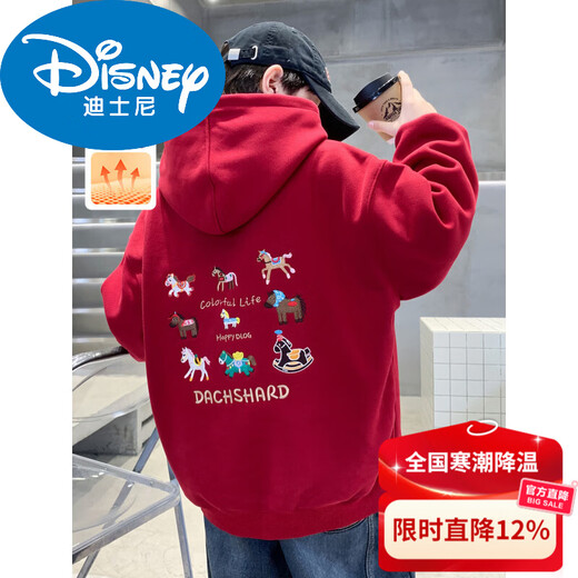 Disney Boys Red Sweatshirt Autumn and Winter New Children's Zodiac New Year Year of the Horse Thickened Winter Velvet New Year's Eve Clothing New Year Cotton Jacket Style Red Velvet Thickened 130 cm