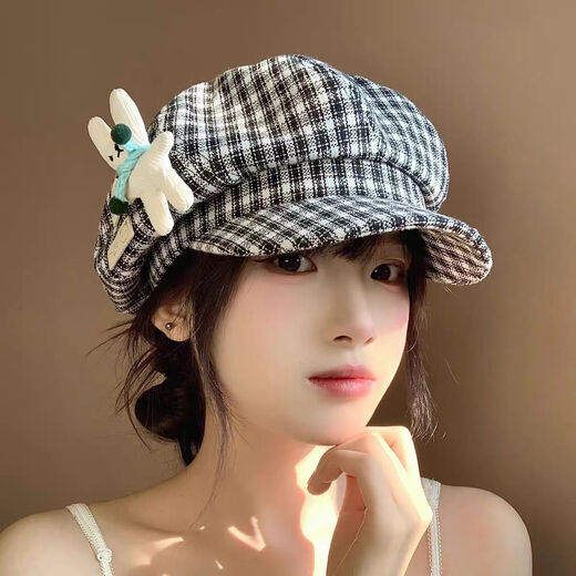 QUEEN TRIP Japanese cartoon doll retro plaid octagonal hat spring and autumn versatile cloud beret painter newsboy hat trendy Japanese doll painter hat black