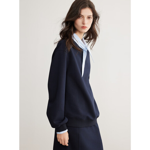 ELLE College Style Fake Two-piece Sweatshirt Casual Skirt Suit Women's 2026 Spring New Design Two-piece Set Navy L