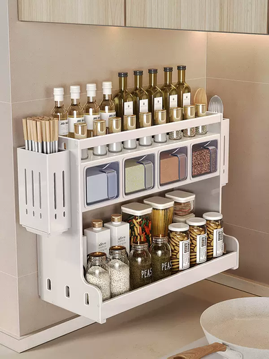 Yusenyi wall-mounted multi-functional punch-hole oil-free salt sauce vinegar storage rack kitchen condiment jar seasoning box (standard style) 3 compartments - 2 chopstick barrels