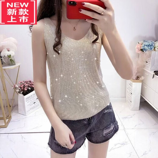 LangSha bright silk hot diamond knitted ice silk camisole women's summer loose inner layering shirt outer sleeveless V-neck top apricot hot diamond S High-quality version recommended 90Jin Jin equals 0.5 kg b
