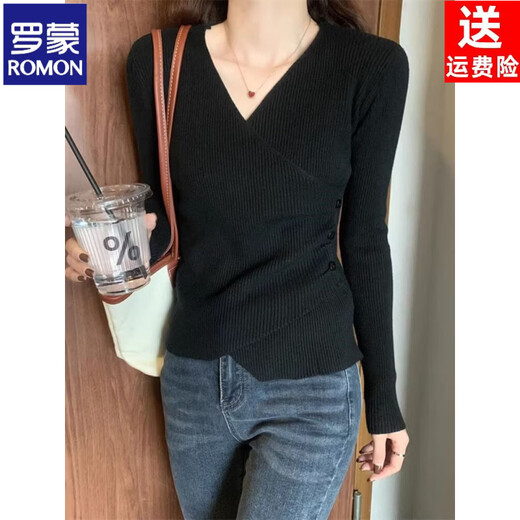 ROMON autumn and winter American retro large size fat mm sweater women's inner cross long-sleeved slim fit sweater tights apricot S recommended 80-95Jin Jin equals 0.5 kg