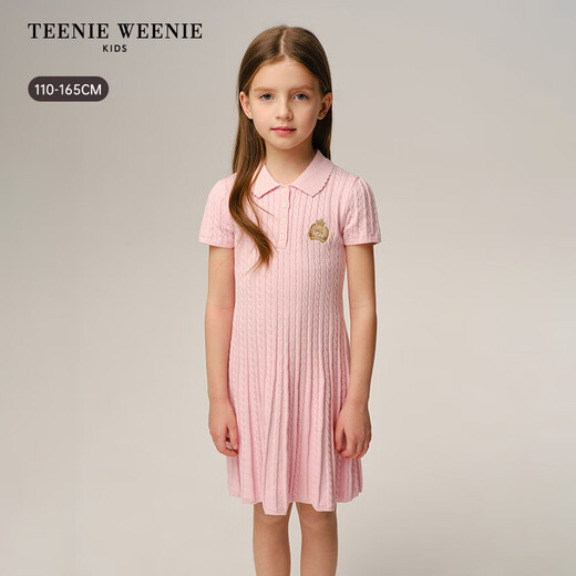Teenie Weenie Kids 26 years new girls college woolen lapel short-sleeved dress pink 140cm