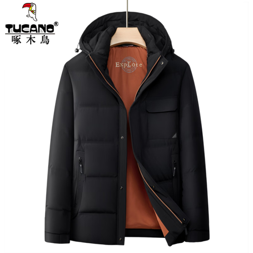 啄木鸟90白鸭绒羽绒服男士冬季加厚中年商务休闲保暖抗寒连帽面包服外套 98866黑色 M 170