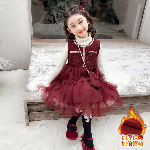 Disney children's New Year's clothing set girls' small fragrant style dress plus velvet winter style 2026 new style little girl fashionable princess skirt + sweater + bag skirt plus velvet 100 cm