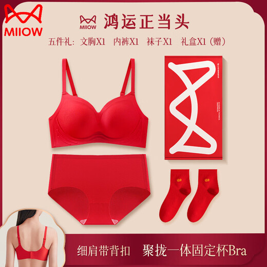 Cat Man (MiiOW) 2026 Year of the Horse Zodiac Year Underwear Set Women's Red Underwear Women's Push Up Small Breast Wedding Bride Bra Chinese Red-One Fixed Cup 1 Set + Red Socks M (Suitable for 95-110Jin Jin equals 0.5kg 34/75AB)