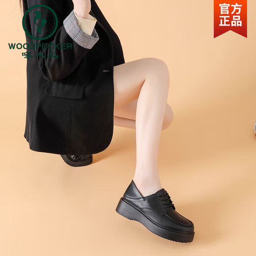 Woodpecker Thick-soled British Small Leather Shoes for Women Spring and Autumn New Versatile Loafers Platform Poop-feeling Genuine Leather Soft-soled Black Leather Shoes Black 35