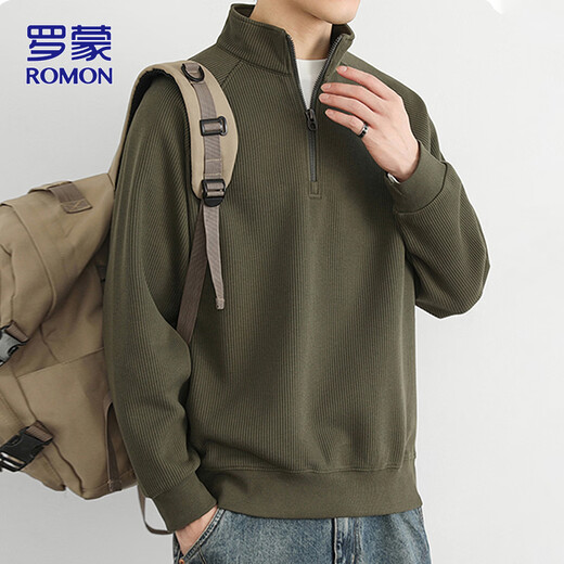 Sudadera ROMON de media cremallera para hombre, novedad de primavera 2026, suéter con cuello levantado de estilo coreano, top moderno para hombre, verde oliva XL