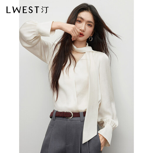 L.WEST French Ribbon Shirt Women's 2026 Spring New Elegant Lace Splicing V-neck Top Beige M 160/84A/M