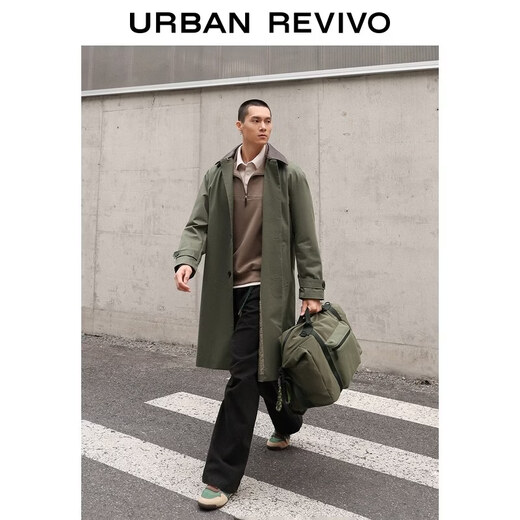 UR2026 Primavera Nuevos hombres Moda Retro Baño Estilo Contraste Color Solapa Cortavientos largo UMF160013 Gris Verde S
