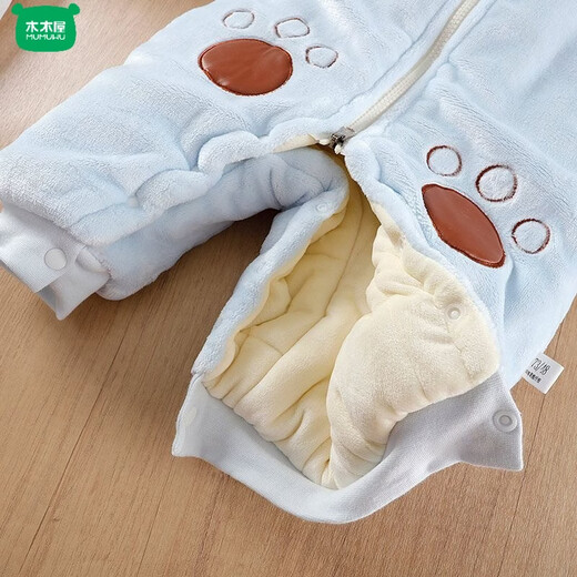 Wooden house baby velvet thickened jumpsuit baby hooded cold-proof outer bodysuit full moon outing cotton clothing newborn romper winter blue cute bear cotton 66cm height within 63