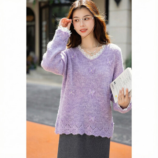 Ives (ITISF4) lace sweet sweater 26 spring new loose soft waxy lazy butterfly sweater purple one size