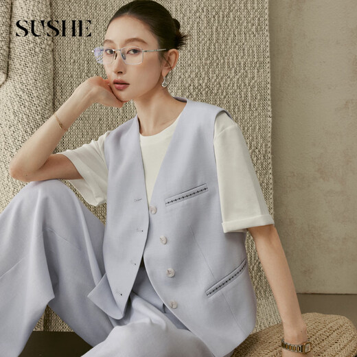 SUSHE clear string commuting style custom-dyed Tencel decorative topstitch blazer/vest/trousers suit ice water blue-jacket M