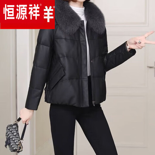 Hengyuanxiang Genuine Leather 2025 Winter New Fox Fur Collar Haining Fur Sheepskin Leather Jacket Down Jacket Women's Short Haining Leather Jacket Women's Genuine Leather Black L Top Ten Genuine Leather Jackets 110Jin Jin is equal to 0.5kg -120Jin Jin is equal to 0.5kg