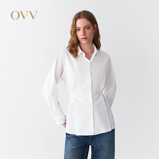 OVV2026 new spring and summer women's clothing, waist-cut, neat, soft, comfortable, long-sleeved casual shirt, frost white S