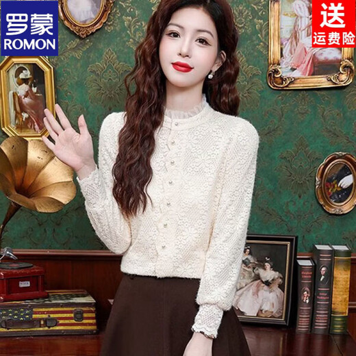 ROMON velvet thickened French lace shirt for women 2026 autumn and winter new style style inner long-sleeved shirt bottoming shirt for women apricot regular style L recommended 106-116 Jin Jin equals 0.5 kg