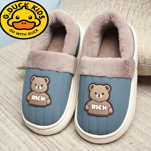 G.duck children's cotton slippers boys 10 years old cartoon 2024 autumn and winter waterproof medium and large children PU cotton shoelaces plush thick bottom blue 26-27 inner length 18 cm