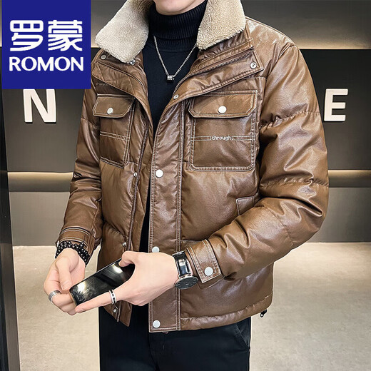 ROMON кожаный пуховик мужской зимний 2025 новый тонкий толстый красивый короткий воротник из овечьего меха мужская куртка черный L
