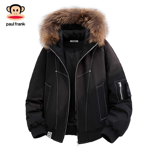 大嘴猴（paul frank）日系复古休闲毛领连帽羽绒服男士2025年冬季新款宽松保暖舒适上衣 黑色 【90%白鸭绒】 2XL 【建议155-180斤】