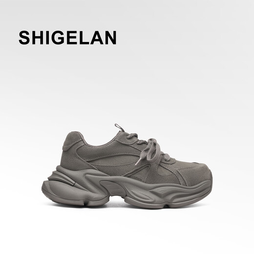 Poetry 2026 Spring New Thick-soled Heightening Daddy Shoes Women's Shoes Trendy Shoes Versatile Double Lace Casual Sports Shoes Gray 34