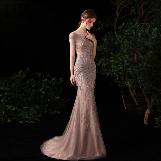 LISM Designer International Light Luxury Brand Evening Dress Women's 2026 New Fishtail Slim Bridal Engagement Dress Toast Wear Bean Paste 1937 One Size Customized (No Returns)