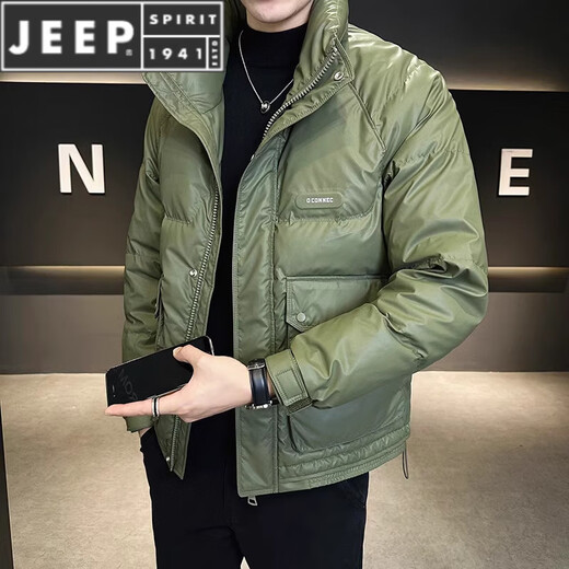 JEEP SPIRIT Leather Down Jacket Men's Winter 2025 New Men's Youth Short Winter Wear Thickened Stand Collar Jacket Army Green M
