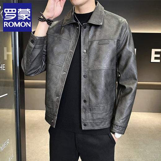 ROMON American fashion brand leather jacket men's autumn 2026 new retro trendy high-end motorcycle leather jacket top black XL