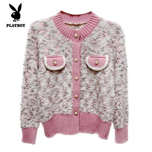 Playboy (PLAYBOY) French style small fragrance sweater jacket for women spring, autumn and winter new style thickened and super nice knitted cardigan top for women khaki L recommended 105-115Jin Jin equals 0.5 kg