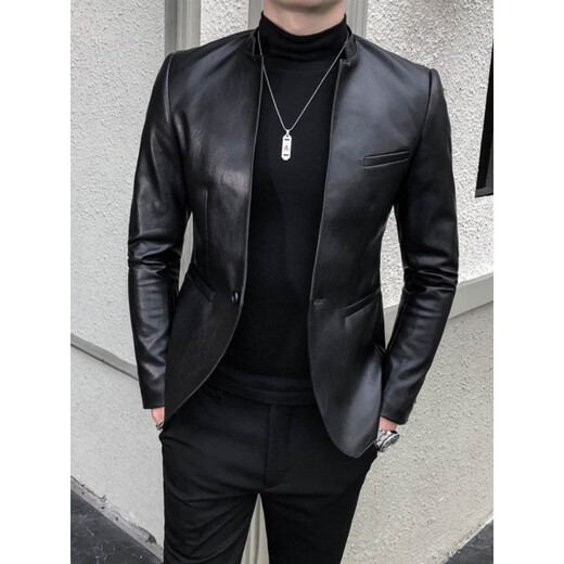 SEPTWOLVES small suit men's spring and autumn slim handsome leather jacket suit casual winter velvet stand collar leather jacket men's black 166 regular M 90-100Jin Jin equals 0.5 kg