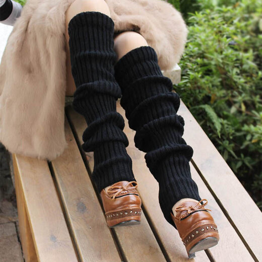 Aoyanlai new knee socks for women, thickened and warm over-the-knee wool pile socks, Korean style trendy striped straight style (black)_Length 68cm_Weight 150g One size fits all