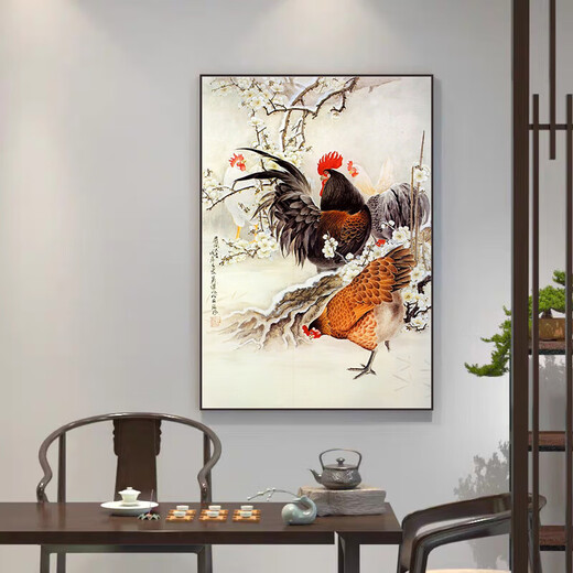 Chinese style rooster entrance feng shui fortune hanging painting study background wall rooster picture golden rooster crowing decorative painting ink H 70x100cm high-end crystal glossy aluminum alloy gold frame