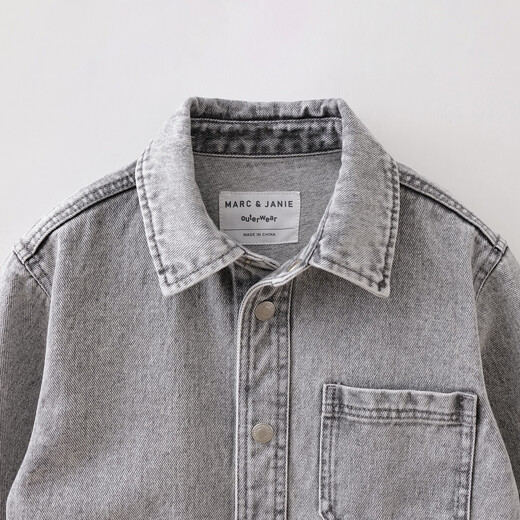 MARC&JANIE Mark Jenny casual and fashionable boys' pure cotton denim shirt children's jacket 2026 spring new style 560072 light gray black 130 (recommended height 121-130)