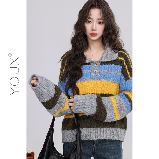 Youxiang frost dyed autumn sweater retro striped color matching polo collar thickened lazy sweater for women 2025 winter new style blue and yellow stripes S